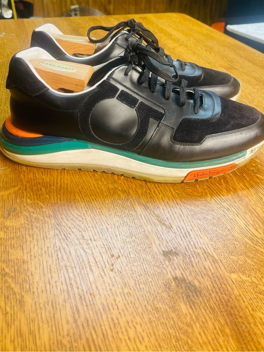 Salvatore Ferragamo Black Leather & Suede Sneakers with Teal and Orange Accents